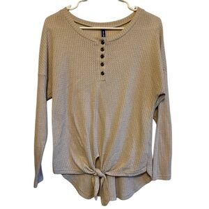 Iwollence Women’s Tan Knit Tie Front Button Detail Longsleeve Top Size Small